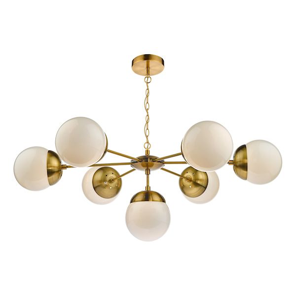 Dar Bombazine 7 Light Pendant Natural Brass & White Opal Glass