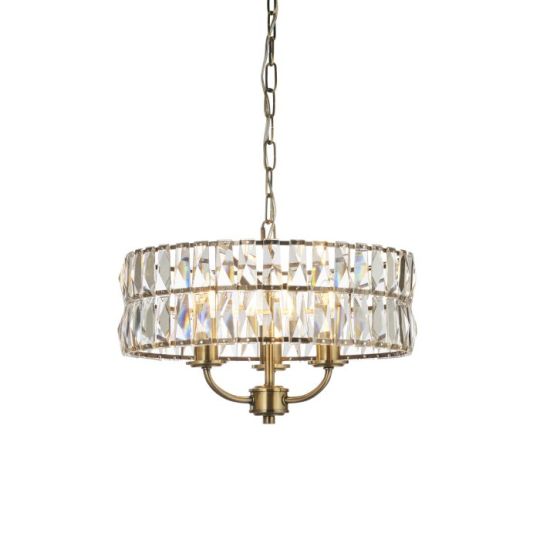 Endon Clifton 3lt Pendant in Antique Brass Plate & Clear Crystal Glass