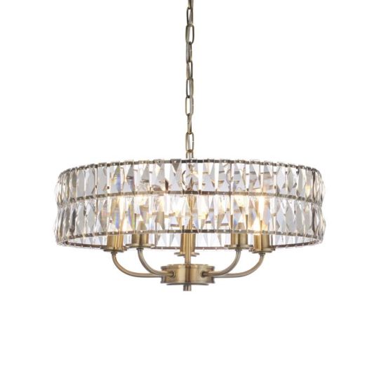 Endon Clifton 5lt Pendant in Antique Brass Plate & Clear Crystal Glass