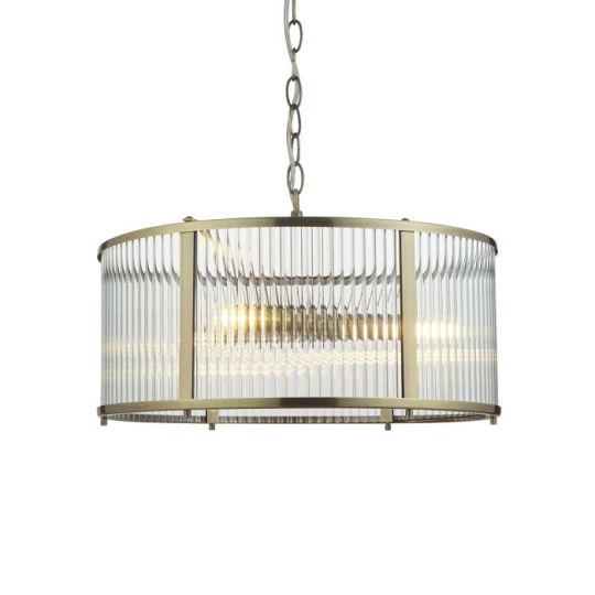 Endon Ridgeton 3lt Pendant in Antique Brass Plate & Clear Ribbed Glass