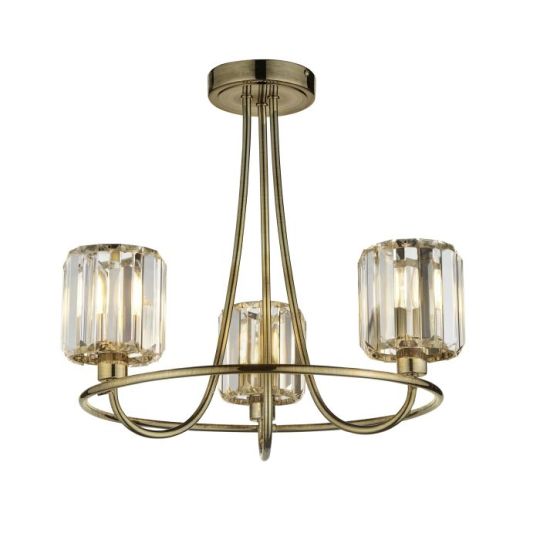 Endon Berenice 3lt Semi flush in Antique Brass Plate & Clear Glass