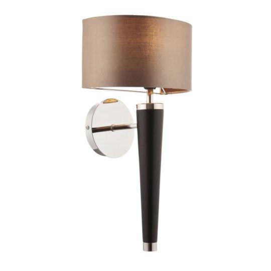 Endon Corvina 1lt Wall in Dark Wood, Bright Nickel Plate & Mink Fabric