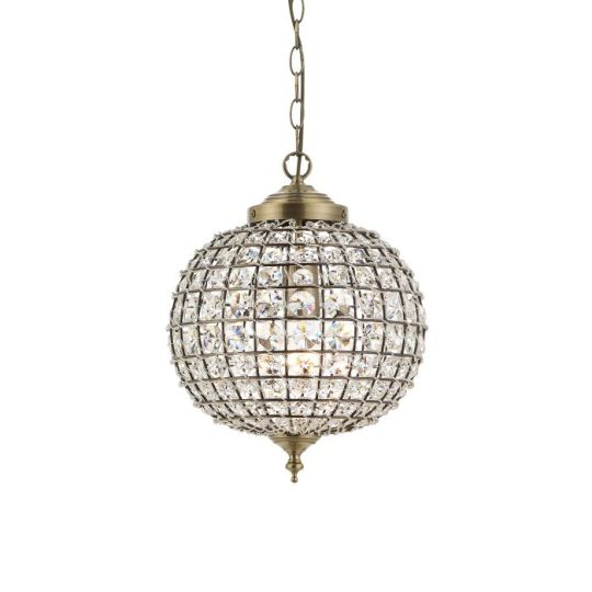 Endon Tanaro 1lt Pendant in Antique Brass Plate & Clear Glass