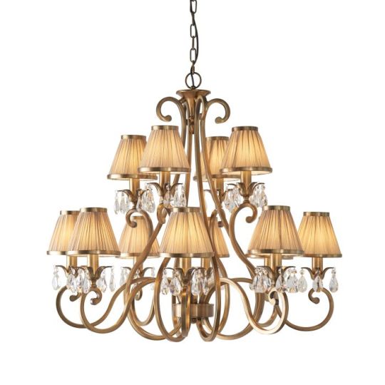 Interiors 1900 Oksana Antique Brass 12Lt Pendant in Antique Brass Plate & Clear Crystal