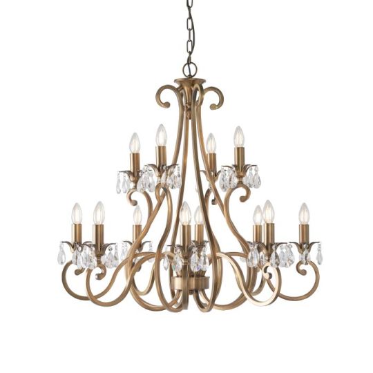 Interiors 1900 Oksana Antique Brass 12Lt Pendant in Antique Brass Plate & Clear Crystal