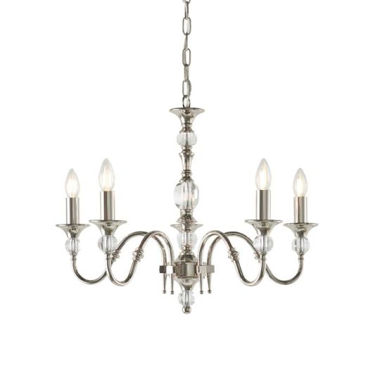 Interiors 1900 Polina Nickel 5Lt Pendant in Polished Nickel Plate & Clear Crystal