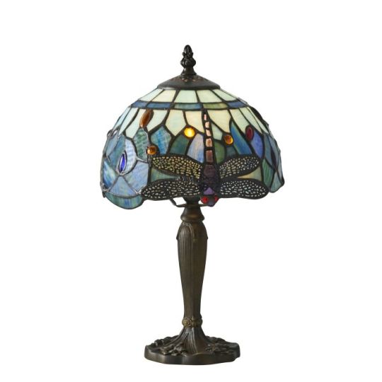 Tiffany Dragonfly Blue 1Lt Table in Tiffany Glass & Dark Bronze Finish With Highlights