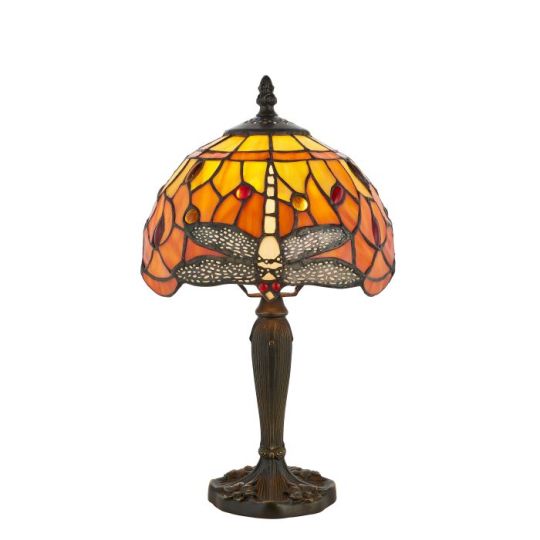 Tiffany Dragonfly Flame 1Lt Table in Tiffany Glass & Dark Bronze Finish With Highlights