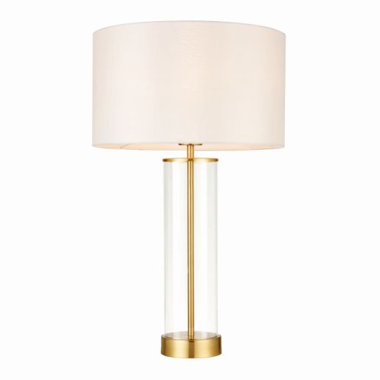 Endon Lessina 1lt Table in Satin Brass Plate, Clear Glass & Vintage White Fabric