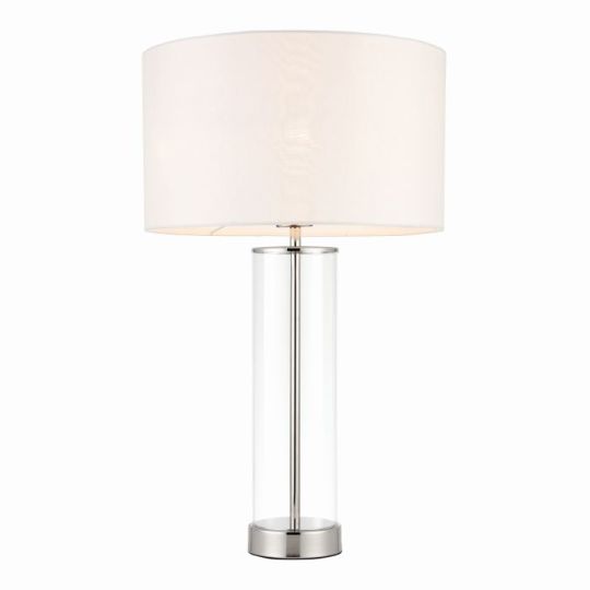 Endon Lessina 1lt Table in Bright Nickel Plate, Clear Glass & Vintage White Fabric