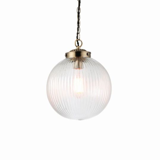 Endon Brydon 1lt Pendant in Antique Brass Plate & Clear Ribbed Glass