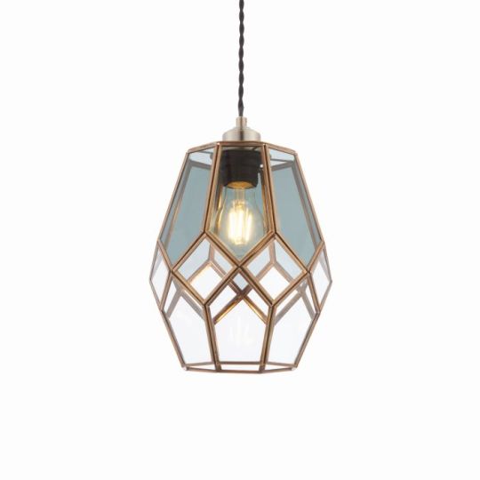 Endon Ripley 1lt Pendant easyfit in Antique Solid Brass & Clear/Smoked Glass
