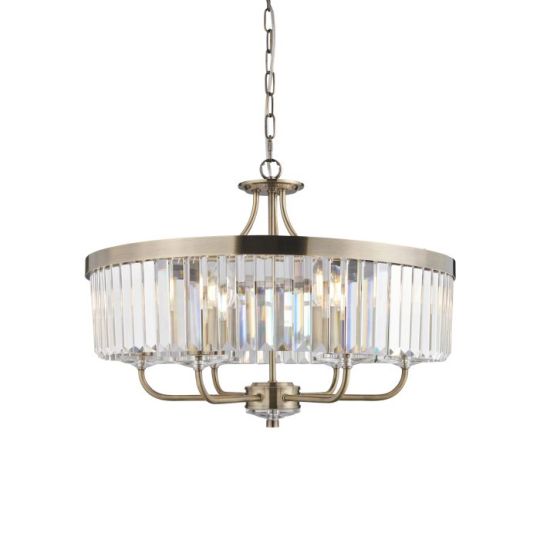 Blackstone Arcadia 6 lt 600-1900mm x 550mm Multi Arm Lamp Pendant Light Finished In Antique Brass Plate & Clear Cut Glass