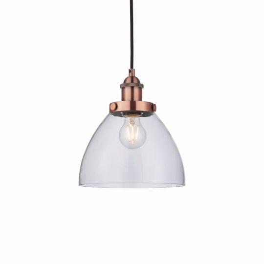 Endon Hansen 1lt Pendant in Aged Copper Plate & Clear Glass