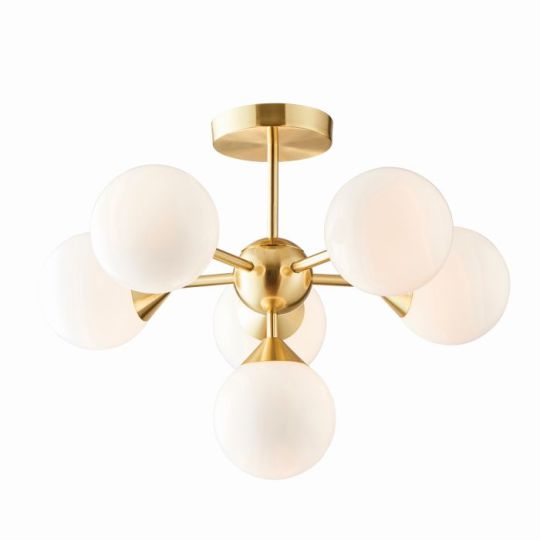 Endon Oscar 6lt Semi flush in Satin Brass Plate & Gloss White Glass