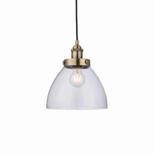 Endon Hansen 1lt Pendant in Antique Brass Plate & Clear Glass