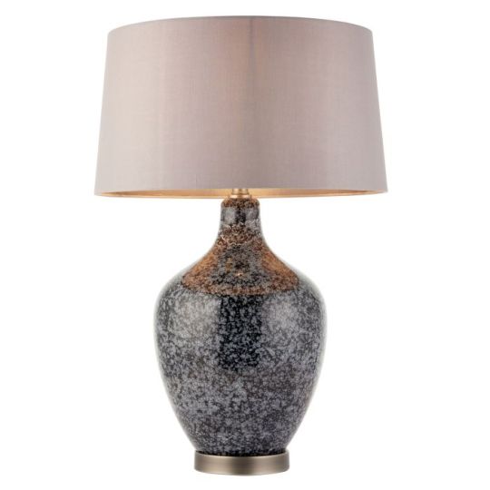 Endon Ilsa 1lt Table in Grey Black Painted Glass & Matt Nickel Plate With Mink Fabric