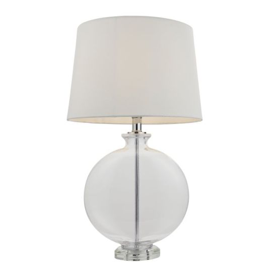 Endon Gideon 1lt Table in Clear Glass, Nickel Plate & White Linen Fabric