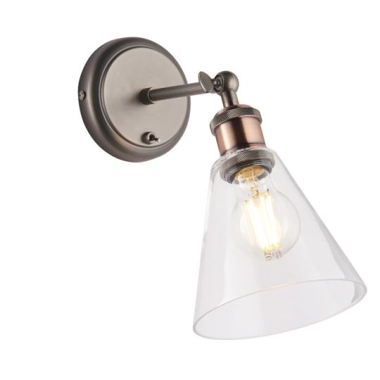 Endon Hal 1lt Wall in Aged Pewter, Aged Copper Plate & Clear Glass