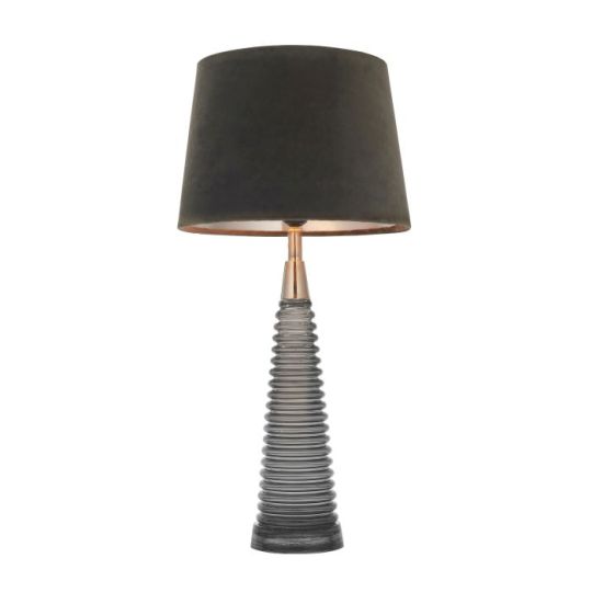 Endon Naia 1lt Table in Charcoal Ribbed Glass, Bright Nickel Plate & Mocha Velvet