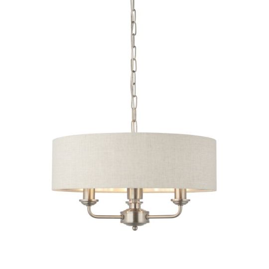 Endon Highclere 3lt Pendant in Brushed Chrome Plate & Natural Linen