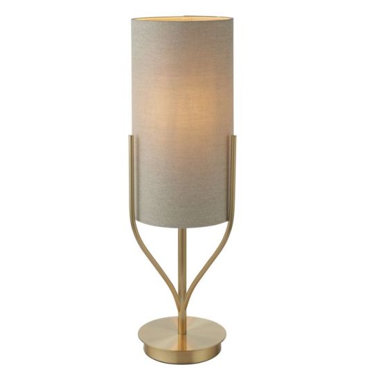 Endon Fraser 1lt Table in Satin Brass Plate & Natural Linen Mix Fabric