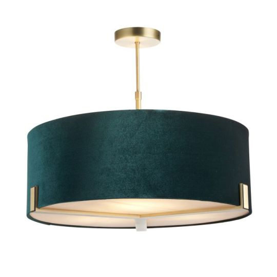 Endon Hayfield 3lt Pendant in Matt Antique Brass Plate & Green Velvet