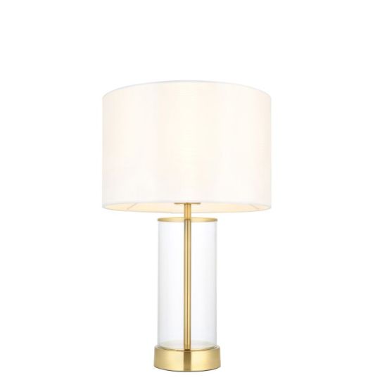 Endon Lessina 1lt Table in Satin Brass Plate, Clear Glass & Vintage White Fabric