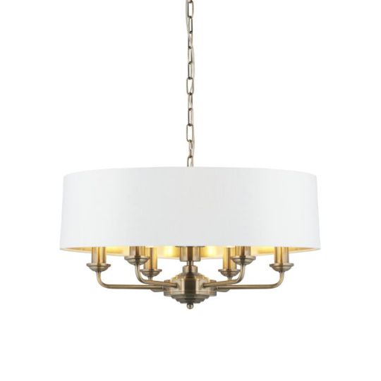 Endon Highclere 6lt Pendant in Antique Brass Plate & Vintage White Fabric