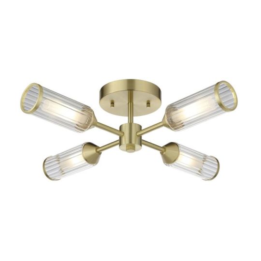 Blackstone Umbraflare 4 lt 144mm x 550mm Multi Arm Glass Semi flush Light Finished In Satin Brass Plate With Clear & Frosted Glass