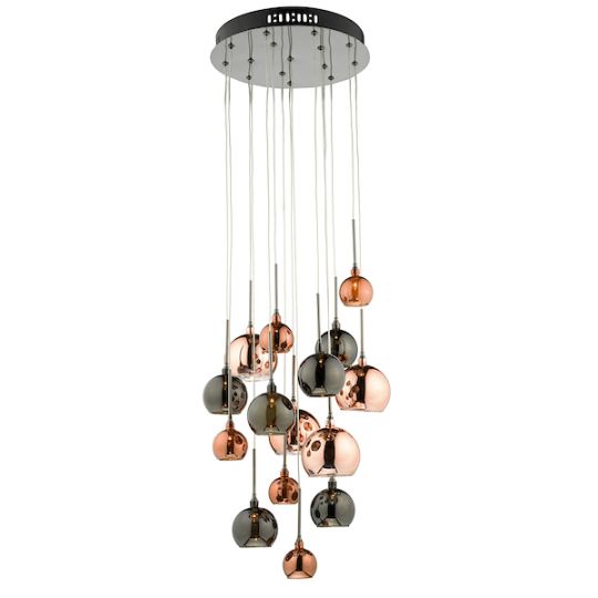 Dar Aurelia 15lt Cluster Pendant Black Chrome & Copper/Bronze Glass