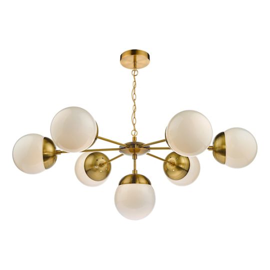 Dar Bombazine 7 Light Pendant Natural Brass & White Opal Glass