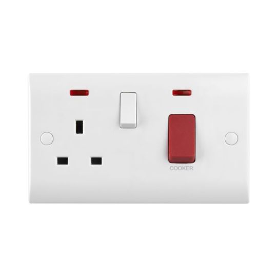 Saxby Curved Edge 45A Dp Cooker Switch With 13A Socket With Neon in White
