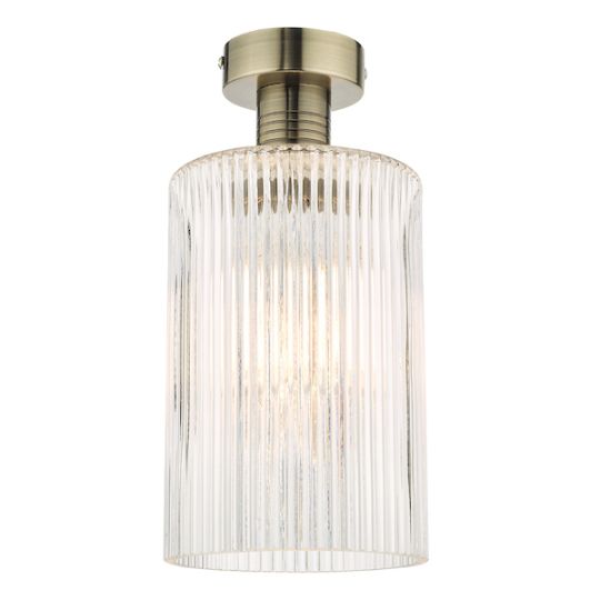 Dar Emerson Semi Flush Antique Brass Cylinder Ribbed Glass