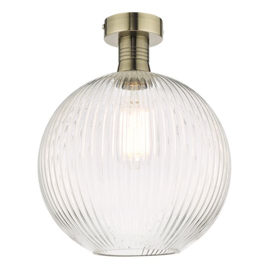Dar Emerson Semi Flush Antique Brass Round Ribbed Glass