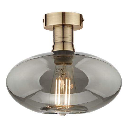 Dar Emerson Semi Flush Antique Brass Smoked Pumpkin Glass
