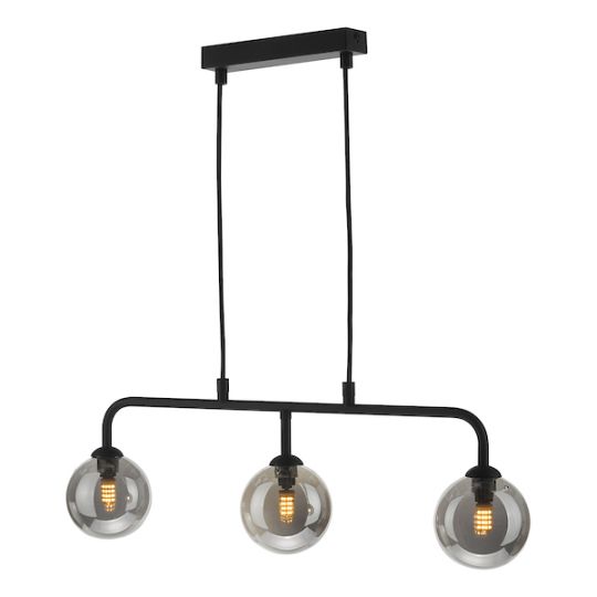 Dar Feya 3 Light Bar Pendant Matt Black Smoked Glass