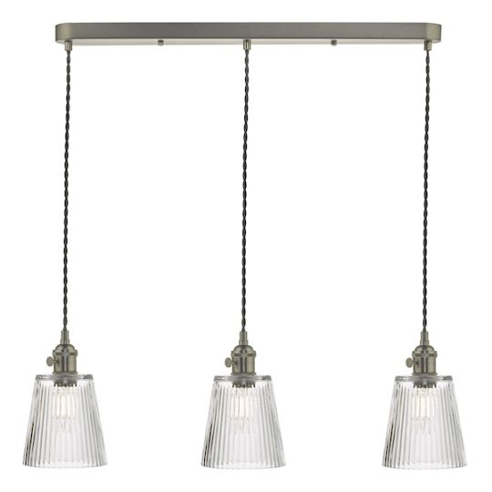 Dar Hadano 3 Light Antique Chrome Suspension With Ribbed Glass Shades