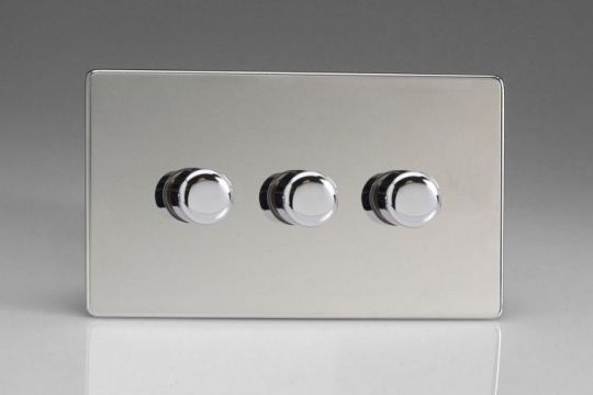 Varilight Polished Chrome 3-Gang 2-Way Push On/Off Rotary LED Dimmer 3 x 0-120W (1-10 LEDs) (Twin Plate)