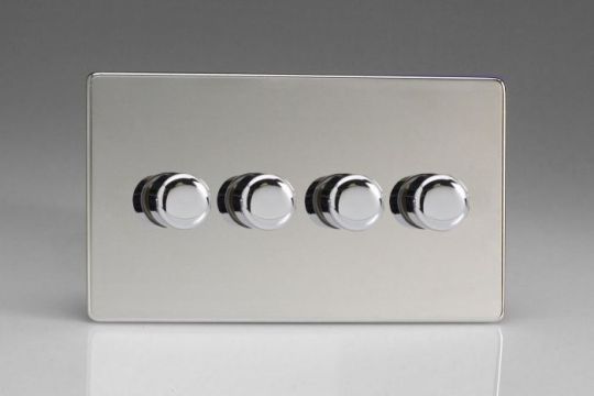 Varilight Polished Chrome 4-Gang 2-Way Push On/Off Rotary LED Dimmer 4 x 0-120W (1-10 LEDs) (Twin Plate)