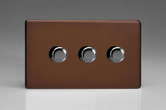 Varilight Mocha 3-Gang 2-Way Push On/Off Rotary LED Dimmer 3 x 0-120W (1-10 LEDs) (Twin Plate)