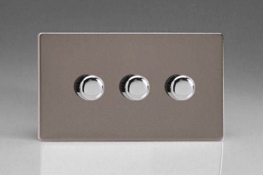 Varilight Pewter 3-Gang 2-Way Push On/Off Rotary LED Dimmer 3 x 0-120W (1-10 LEDs) (Twin Plate)