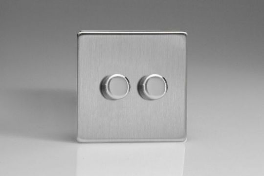 VARILIGHT Lighting - 2 GANG (DOUBLE), 1 OR 2 WAY 2X250 WATT (TRAILING EDGE) DIMMER DIMENSION SCREWLESS BRUSHED STEEL (AKA MATT CHROME) - JDSP252S