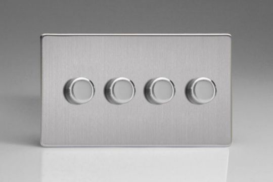 Varilight Brushed Steel 4-Gang 2-Way Push On/Off Rotary LED Dimmer 4 x 0-120W (1-10 LEDs) (Twin Plate)