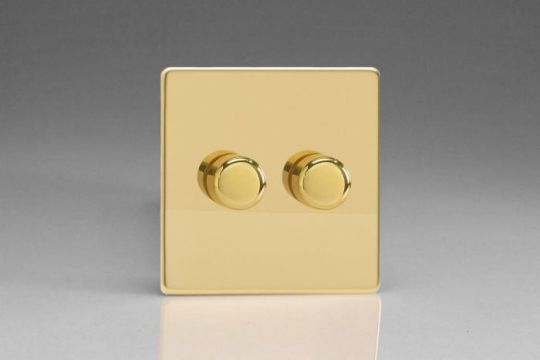 VARILIGHT Lighting - 2 GANG (DOUBLE), 1 OR 2 WAY 2X250 WATT (TRAILING EDGE) DIMMER DIMENSION SCREWLESS POLISHED BRASS - JDVP252S