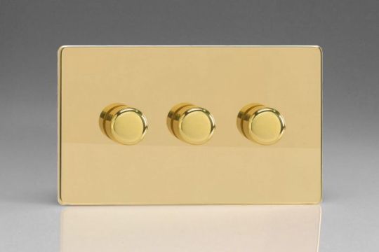 Varilight Polished Brass 3-Gang 2-Way Push On/Off Rotary LED Dimmer 3 x 0-120W (1-10 LEDs) (Twin Plate)