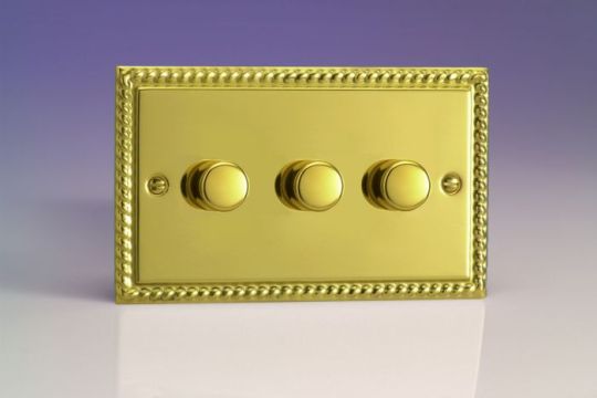 Varilight Georgian Brass 3-Gang 2-Way Push On/Off Rotary LED Dimmer 3 x 0-120W (1-10 LEDs) (Twin Plate)