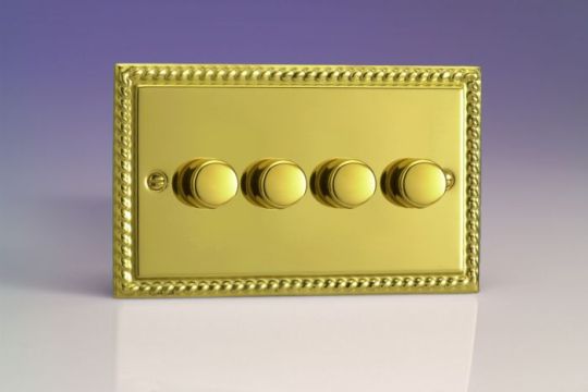 Varilight Georgian Brass 4-Gang 2-Way Push On/Off Rotary LED Dimmer 4 x 0-120W (1-10 LEDs) (Twin Plate)