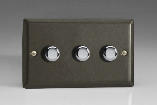 Varilight Graphite 21 3-Gang 2-Way Push On/Off Rotary LED Dimmer 3 x 0-120W (1-10 LEDs) (Twin Plate)
