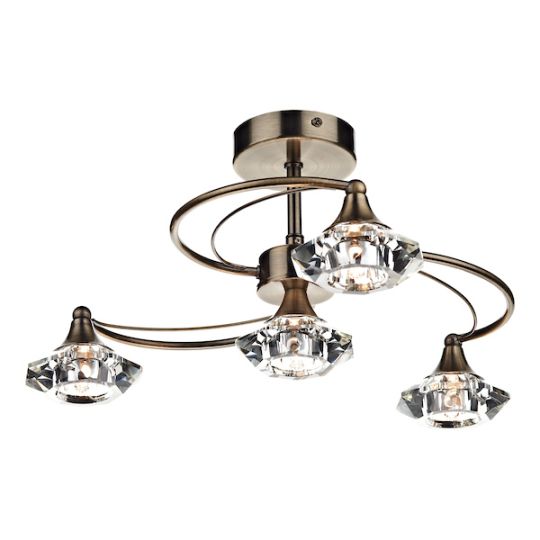 Dar Luther 4 Light Semi Flush Antique Brass Crystal